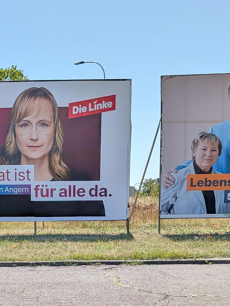 Wahlplakate der Parteien Die Linke und CDU stehen in Halle an der Saale (Sachsen-Anhalt) nebeneinander Wahlplakate der Parteien Die Linke und CDU stehen in Halle an der Saale (Sachsen-Anhalt) nebeneinander