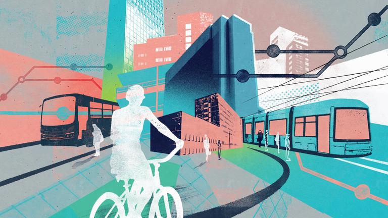 Eine farbenfrohe Illustration stellt verschiede Verkehrskonzepte in der Stadt dar. Es zeigt eine fahrradfahrende Person, einen Bus und eine Straßenbahn vor urbaner Kulisse.