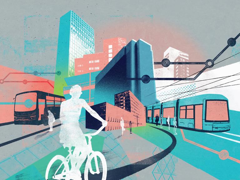 Eine farbenfrohe Illustration stellt verschiede Verkehrskonzepte in der Stadt dar. Es zeigt eine fahrradfahrende Person, einen Bus und eine Straßenbahn vor urbaner Kulisse.