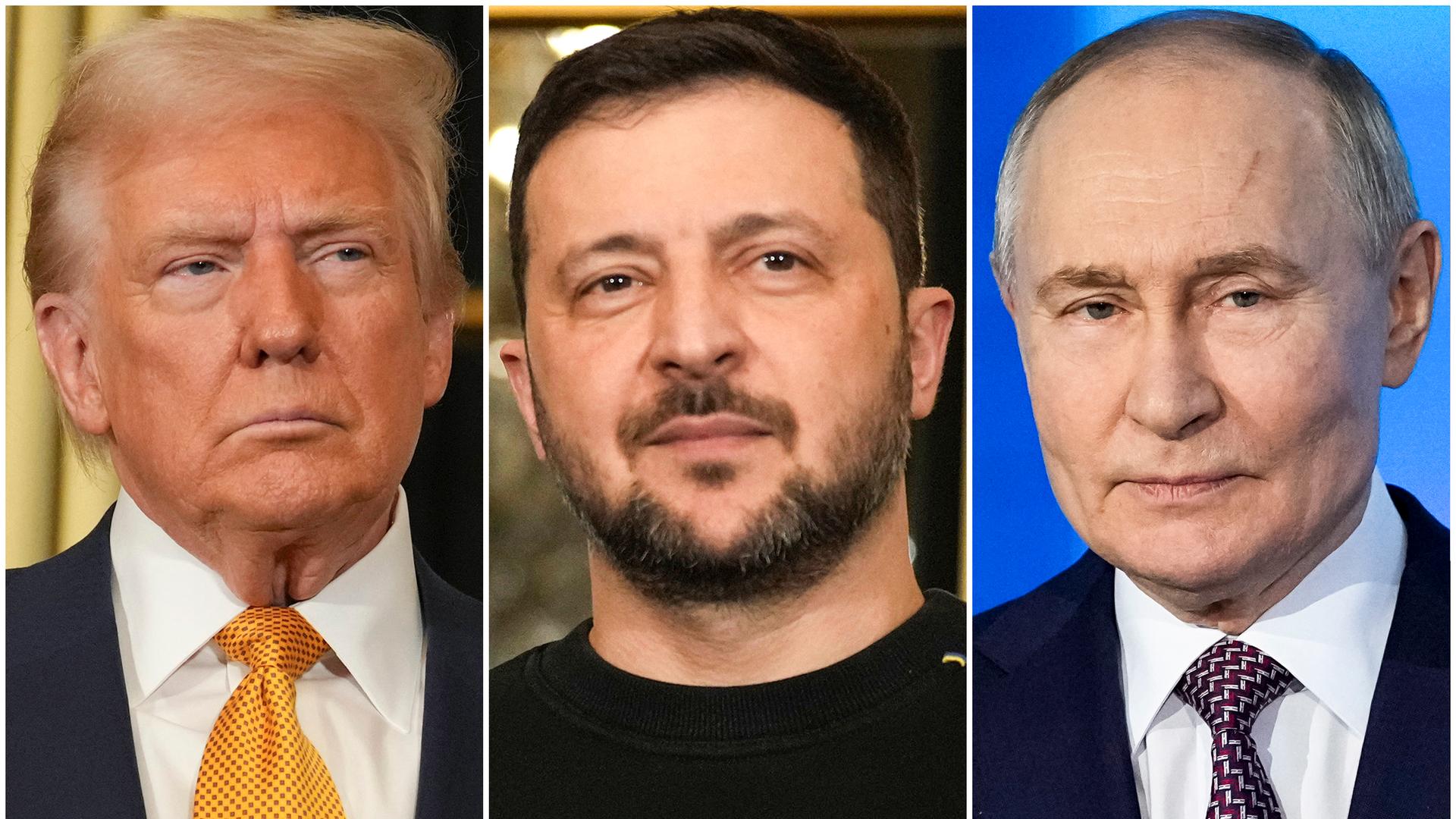 US-Präsident Donald Trump, links, und der ukrainische Präsident Wolodymyr Selenskyj, Mitte, und Präsident Wladimir Putin, rechts, als Dreier-Kombo