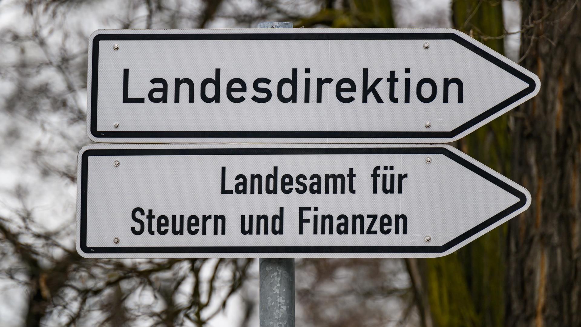 Richtungspfeile mit den Aufschriften „Landesdirektion“ und „Landesamt für Steuern und Finanzen“ stehen an einer Straße in Sachsen.