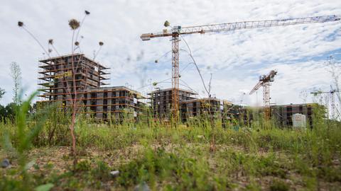 Mehrfamilienhäuser werden in einem neuen Wohnquartier gebaut. Zu sehen sind Gebäude im Rohbau und ein Kran, davor Wiese.