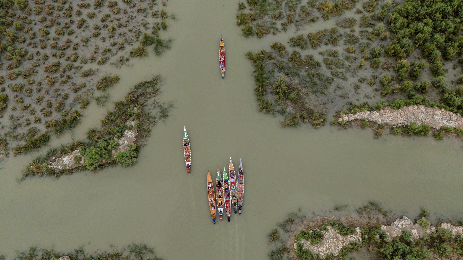 Das Sumpfgebiet Al-Chibayish Marshes im Irak, in dem die Flüsse Tigris und Euphrat zusammenfließen 