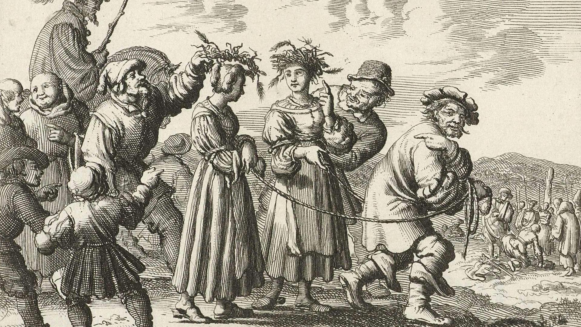 Zwei Mädchen werden zum Scheiterhaufen geführt in Bamberg, 1550, Hexenverbrennung, Historisch, digital restaurierte Reproduktion von einer Vorlage aus dem 19. Jahrhundert