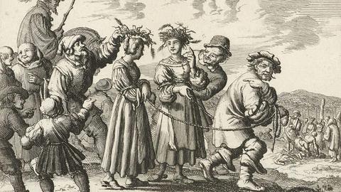 Zwei Mädchen werden zum Scheiterhaufen geführt in Bamberg, 1550, Hexenverbrennung, Historisch, digital restaurierte Reproduktion von einer Vorlage aus dem 19. Jahrhundert