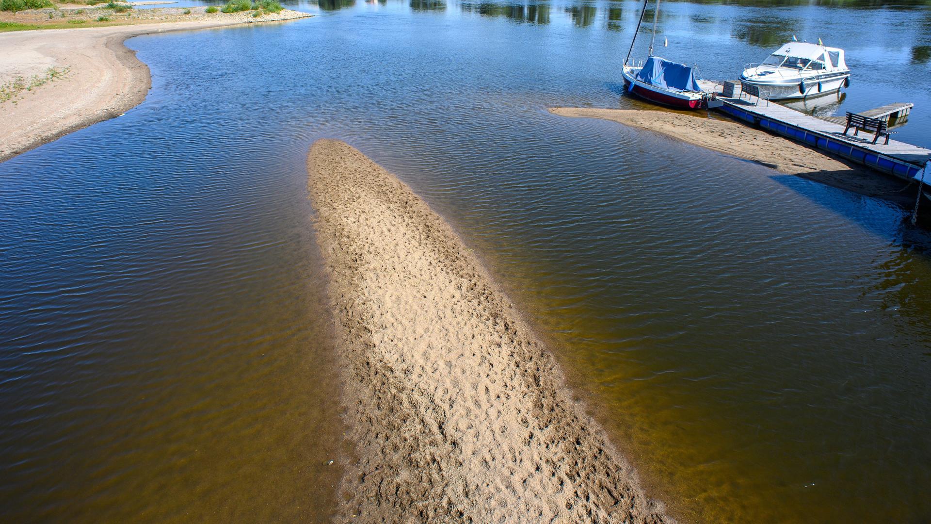 Schönebeck: Sandbänke sind am Ufer der Elbe zu sehen. Wegen der anhaltenden Trockenheit für die Elbe ist derzeit Niedrigwasser.