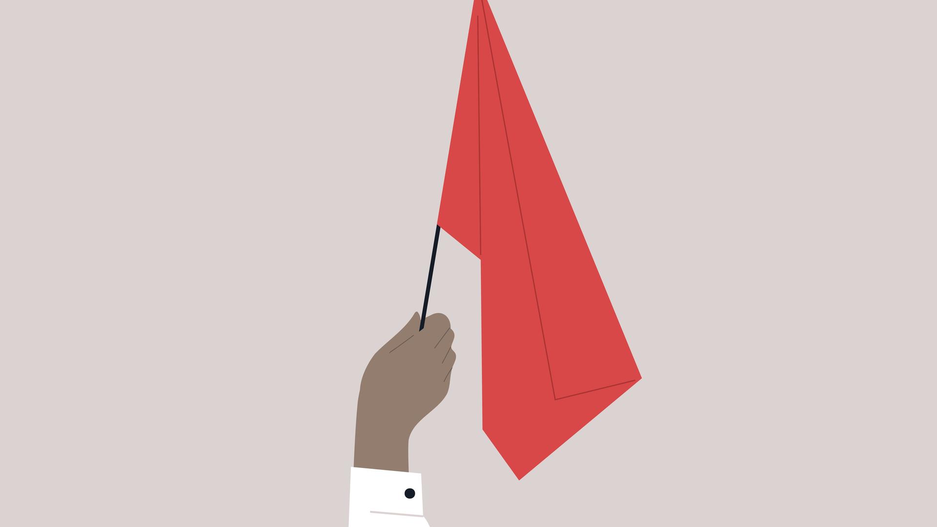 Illustration: Eine Hand schwänkt eine rote Fahne. 
