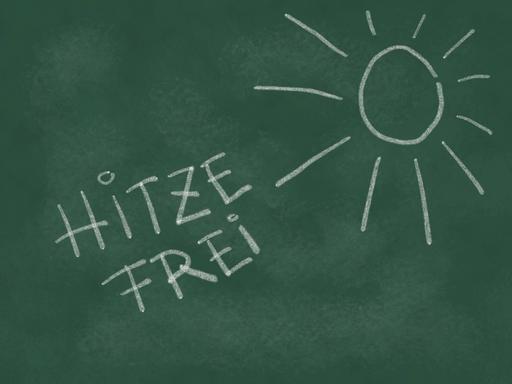 Auf einer Tafel steht mit Kreide geschrieben HITZEFREI, daneben ist eine Sonne gemalt.