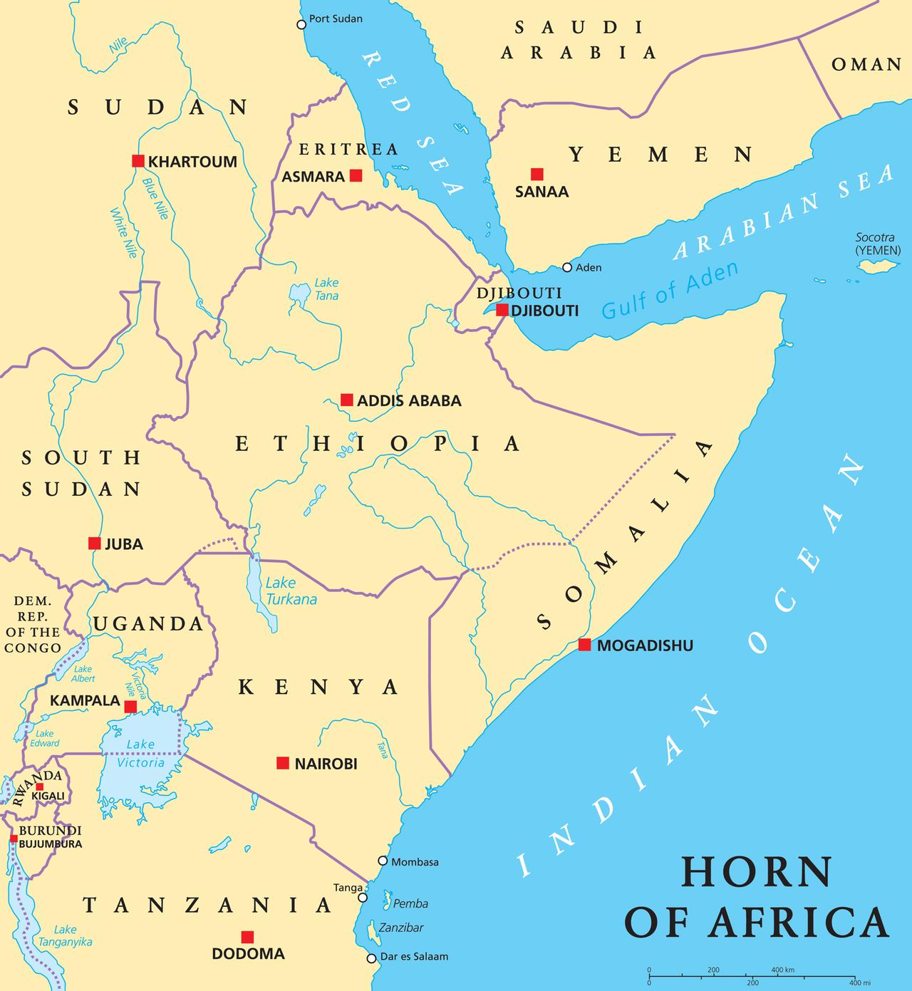 Karte der Region um das Horn von Afrika. Zu sehen sind unter anderem die Länder Somalia, Jemen, Äthiopien, Kenia. Die Landmassen sind in gelblich dargestellt, das Meer ist blau. Karte der Region um das Horn von Afrika. Zu sehen sind unter anderem die Länder Somalia, Jemen, Äthiopien, Kenia. Die Landmassen sind in gelblich dargestellt, das Meer ist blau.