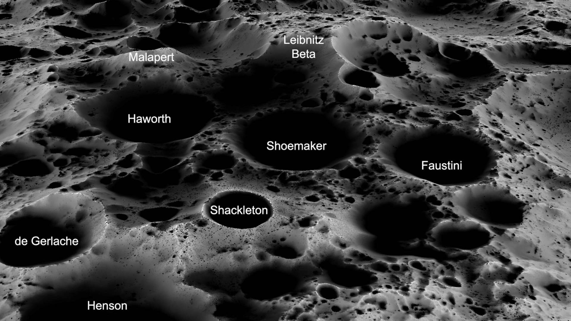 Ein Foto zeigt die zahlreichen tiefen Abgründe auf dem Südpol des Mondes