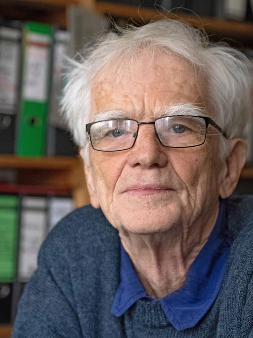 Der Gruenen-Politiker Hans-Christian Ströbele sitzt im Jahr 2019 in seiner Berliner Wohnung, hinter ihm ein langes Regal mit Aktenordnern.