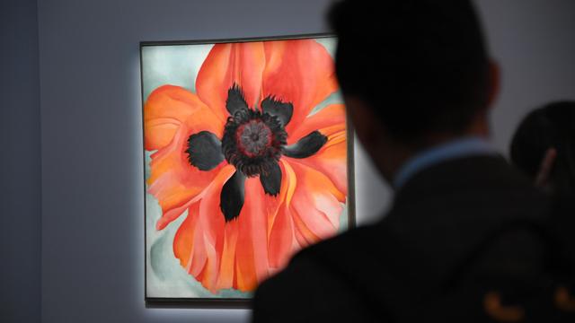 Gemälde einer Mohnblume, mit Blättern in rot leuchtenden Tönen, im Vordergrund die dunkle Silhouette eines Museumsgastes