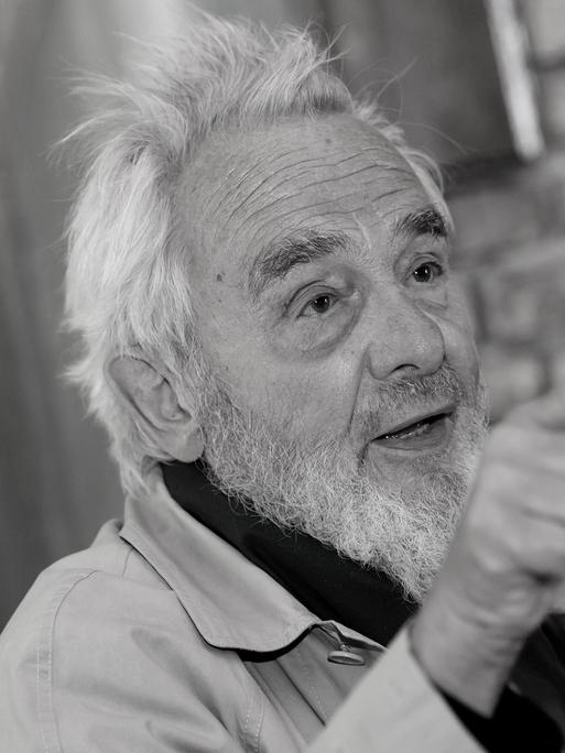 Das schwarz-weiß-Bild zeigt Arnulf Rainer. Er steht vor einer gemauerten Wand und bedeutet mit seiner rechten Hand und dem ausgestreckten Zeigefinger in eine Richtung.