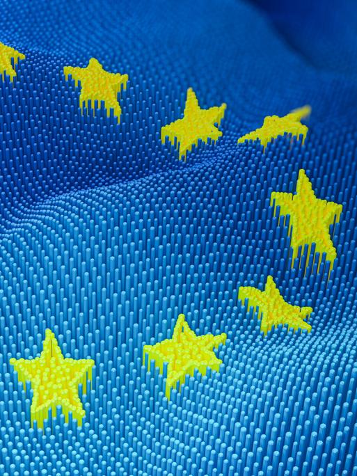 Digital gerendertes Bild einer blauen Datenwelle, auf der sich die gelben Sterne der EU-Flagge absetzen. Digital gerendertes Bild einer blauen Datenwelle, auf der sich die gelben Sterne der EU-Flagge absetzen.