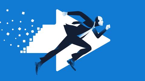 Illustration eines Geschäftsmanns mit Robotermaske der vor einem Pfeil sprintet