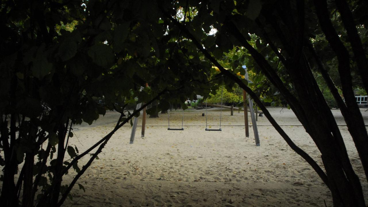 Aufnahme eines verlassenen Kinderspielplatzes durch dunkles Gebüsch hindurch.