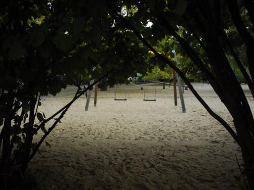 Aufnahme eines verlassenen Kinderspielplatzes durch dunkles Gebüsch hindurch.