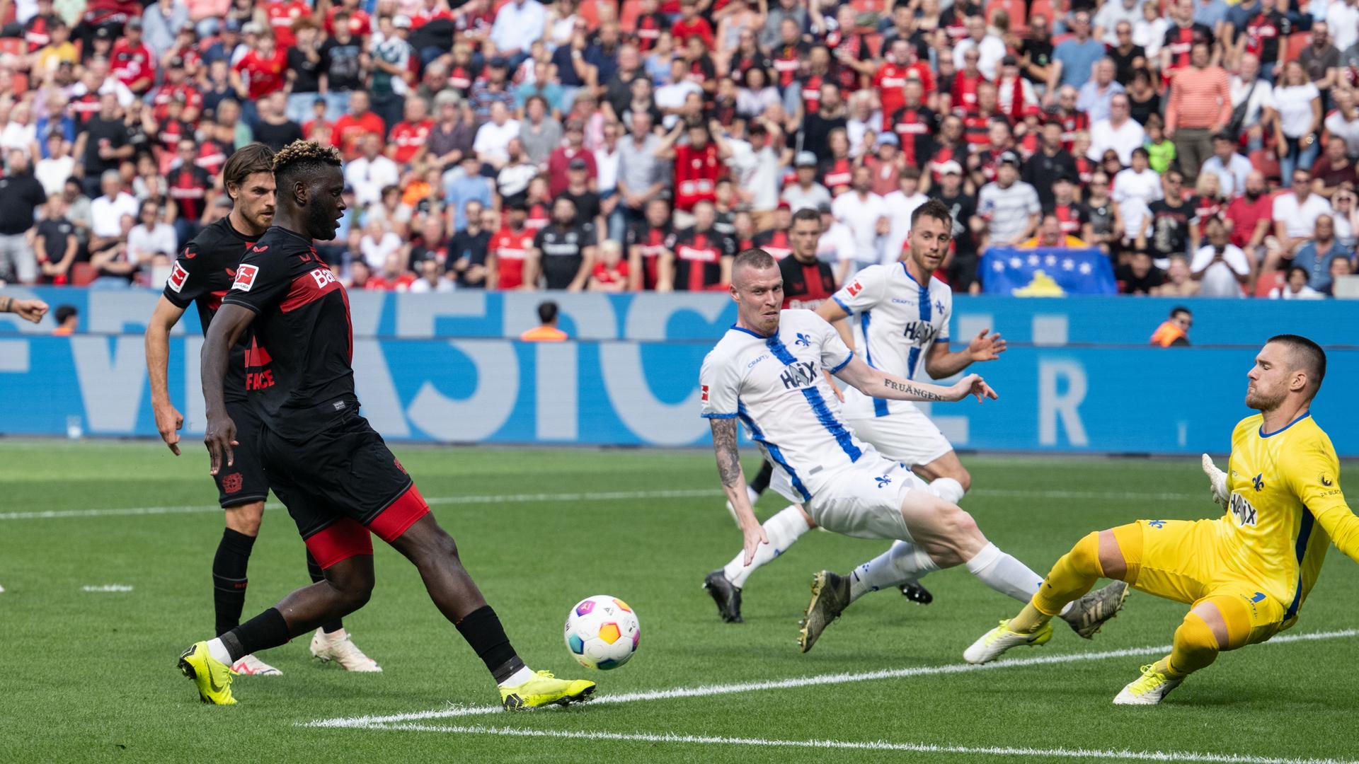Ein Spieler von Bayer Leverkusen schießt den Ball in Richtung Tor, Darmstadts Torwart hat beide Arme ausgestreckt und ist im Fallen begriffen. Ein Spieler von Bayer Leverkusen schießt den Ball in Richtung Tor, Darmstadts Torwart hat beide Arme ausgestreckt und ist im Fallen begriffen.