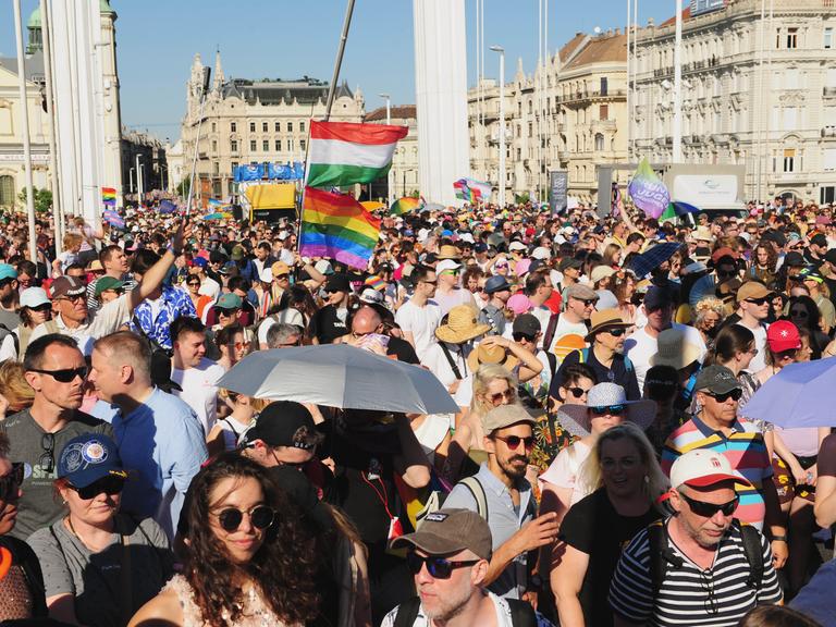 Menschen marschieren bei der Gay-Pride-Parade in Ungarns Hauptstadt Budapest am 28. Juni 2025, obwohl ein spezielles Gesetz von Ministerpräsident Viktor Orbán diese verboten hatte. 