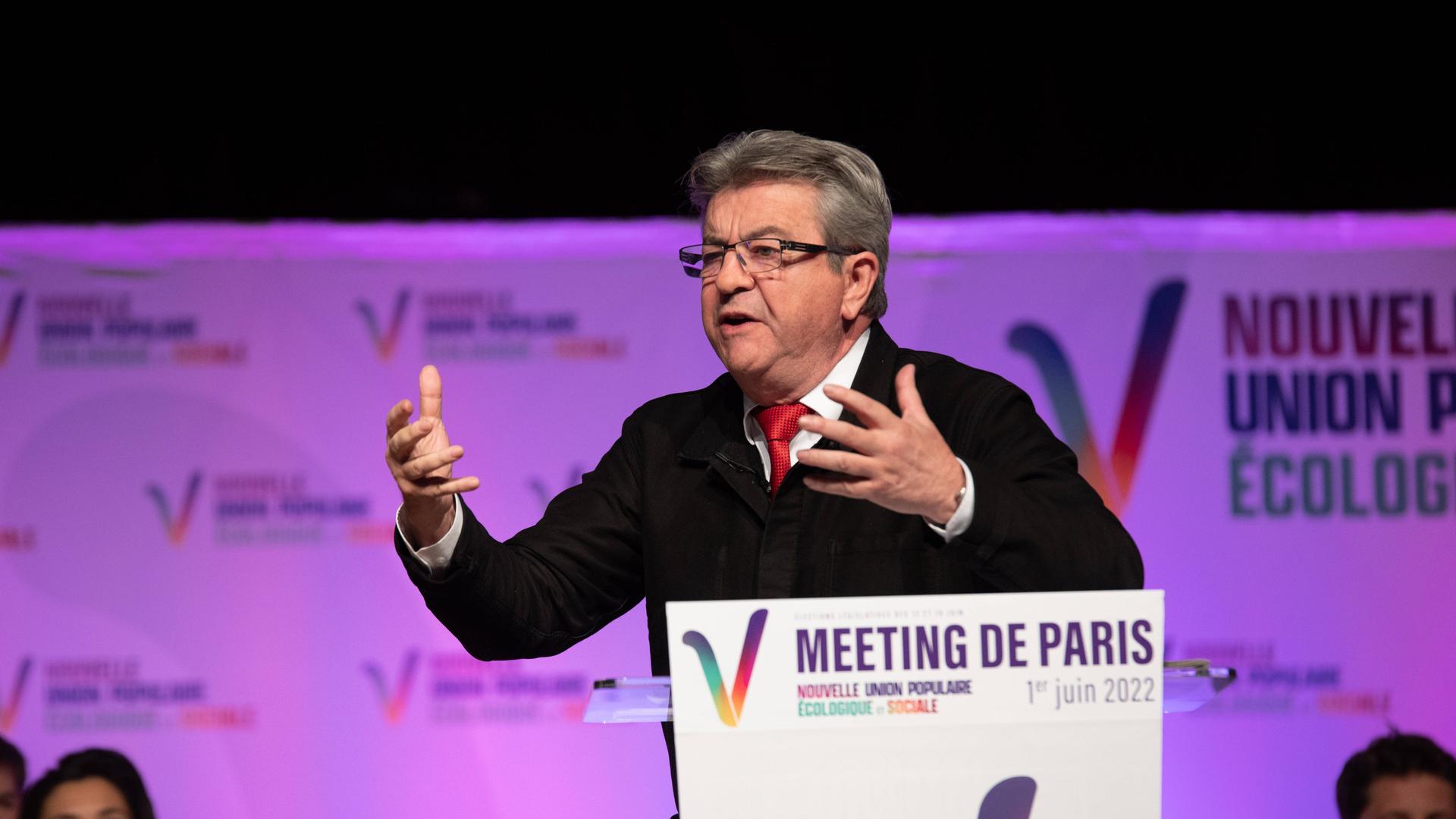 Meeting Of French Left-wing Electoral Coalition Nupes In Paris Jean Luc Melenchon gives a speech at the meeting of Frenc