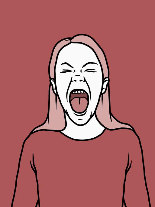 Illustration: eine junge Frau schreit vor Wut. Illustration: eine junge Frau schreit vor Wut.