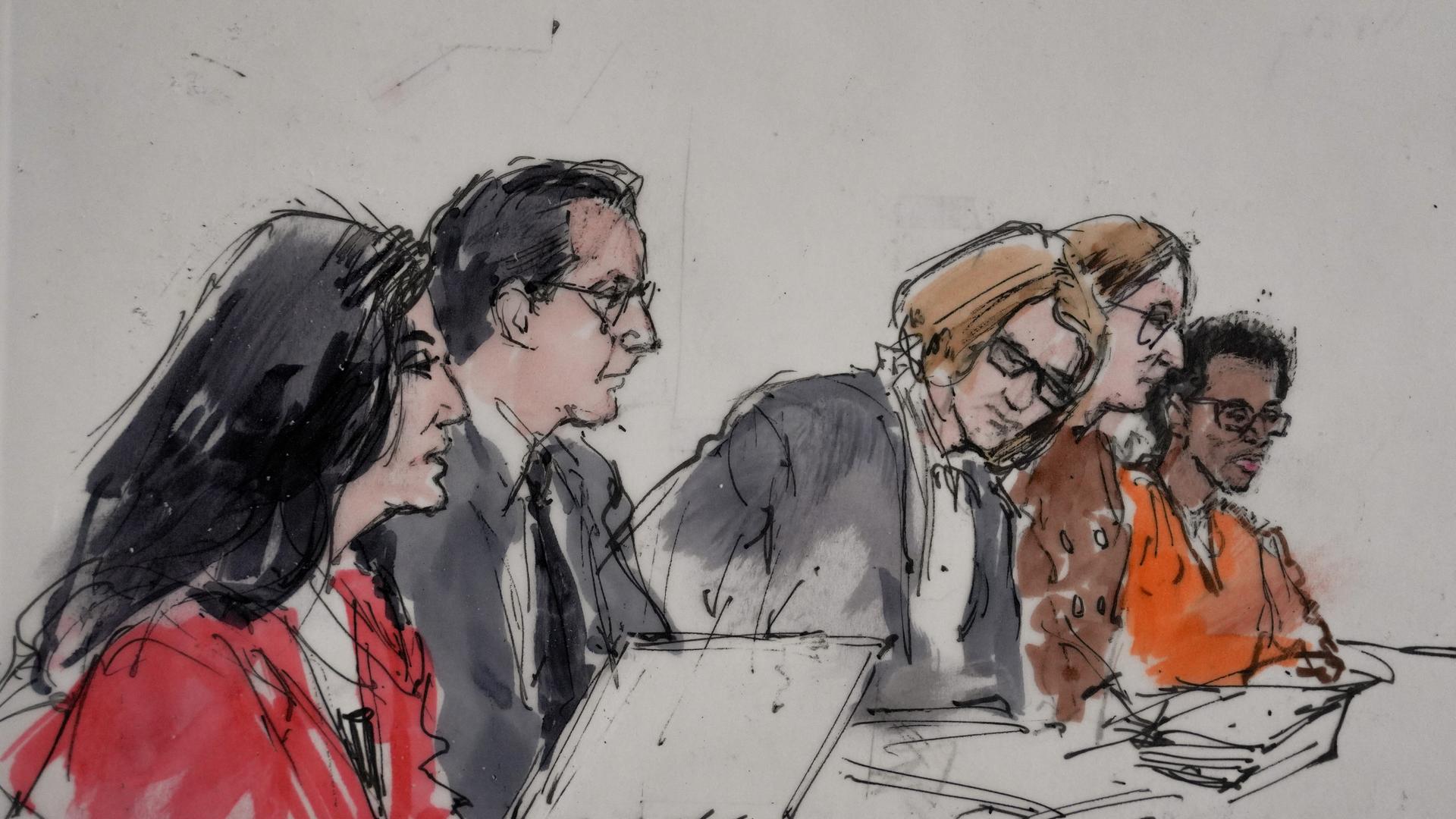 In dieser Gerichtsskizze ist David Anthony Burke, alias D4vd, ganz rechts, vor Gericht in Los Angeles zu sehen. 