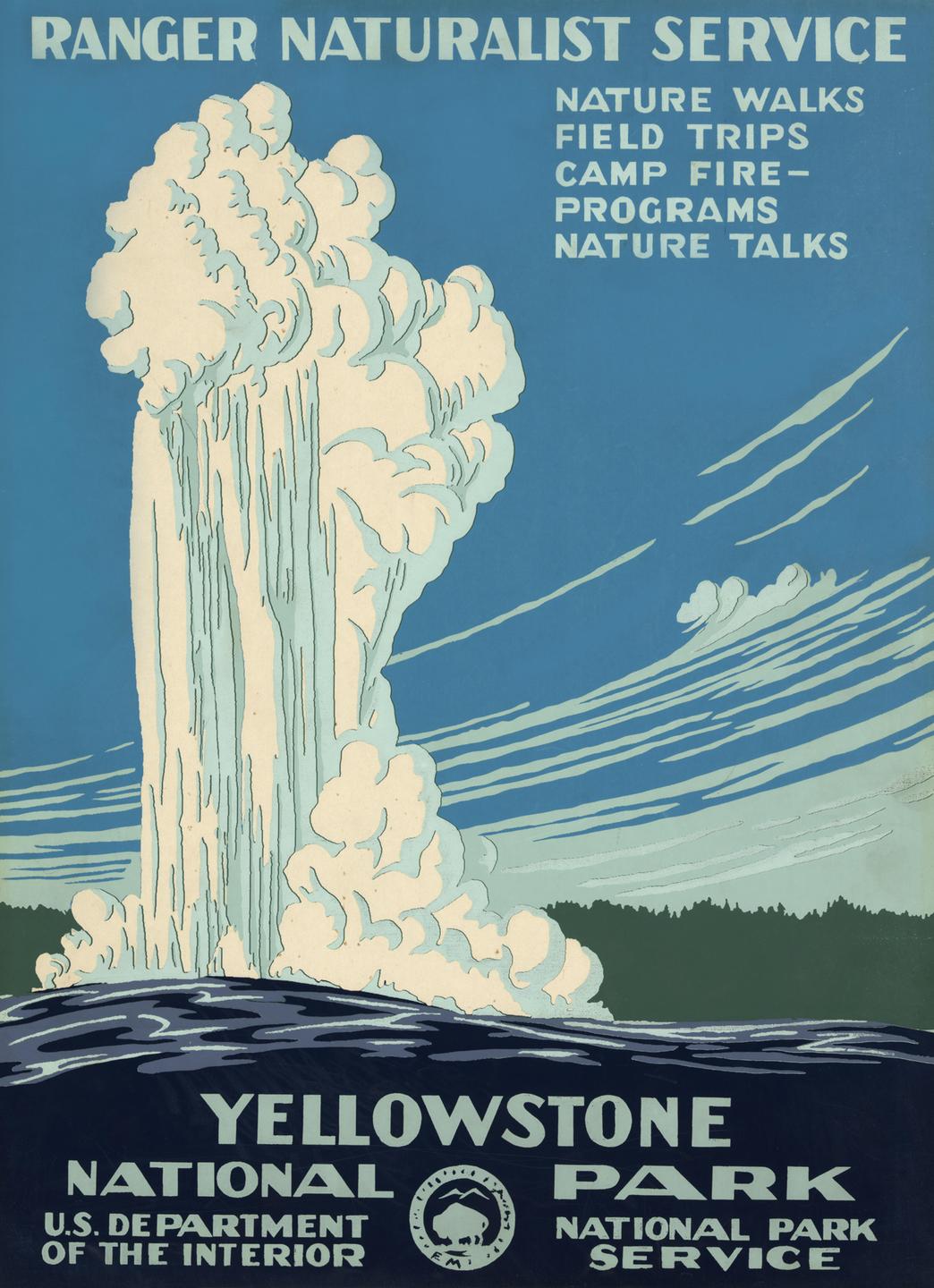 Eine beschriftetes Poster mit einer Abbildung einer weißen Dampf- und Wasserfontäne, die vor blauem Hintergrund aus dem Boden spritzt.