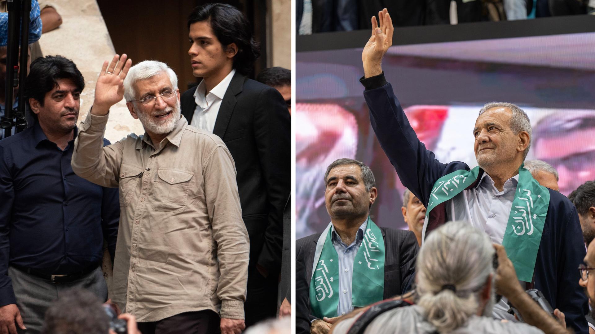 Iran: Said Dschalili, Präsidentschaftskandidat der Hardliner, mit Anhängern (30.06.2024) / Massud Peseschkian, Präsidentschaftskandidat des Reformlagers, mit Anhängern (23.06.2024) (Collage DLF Nova)