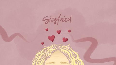 Eine Illustration zeigt die Stirn und die blonden Haare des Siegfrieds, über seinem Kopf fliegen kleine Herzen.