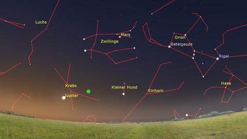 Eine Aufnahme vom nächtlichen Sternenhimmel hebt unterschiedliche Sternenbilder mit roten Linen hervor und zeigt deren Namen. Außerdem hervorgehoben: die Position von Jupiter und der Asteroid 9000 HAL