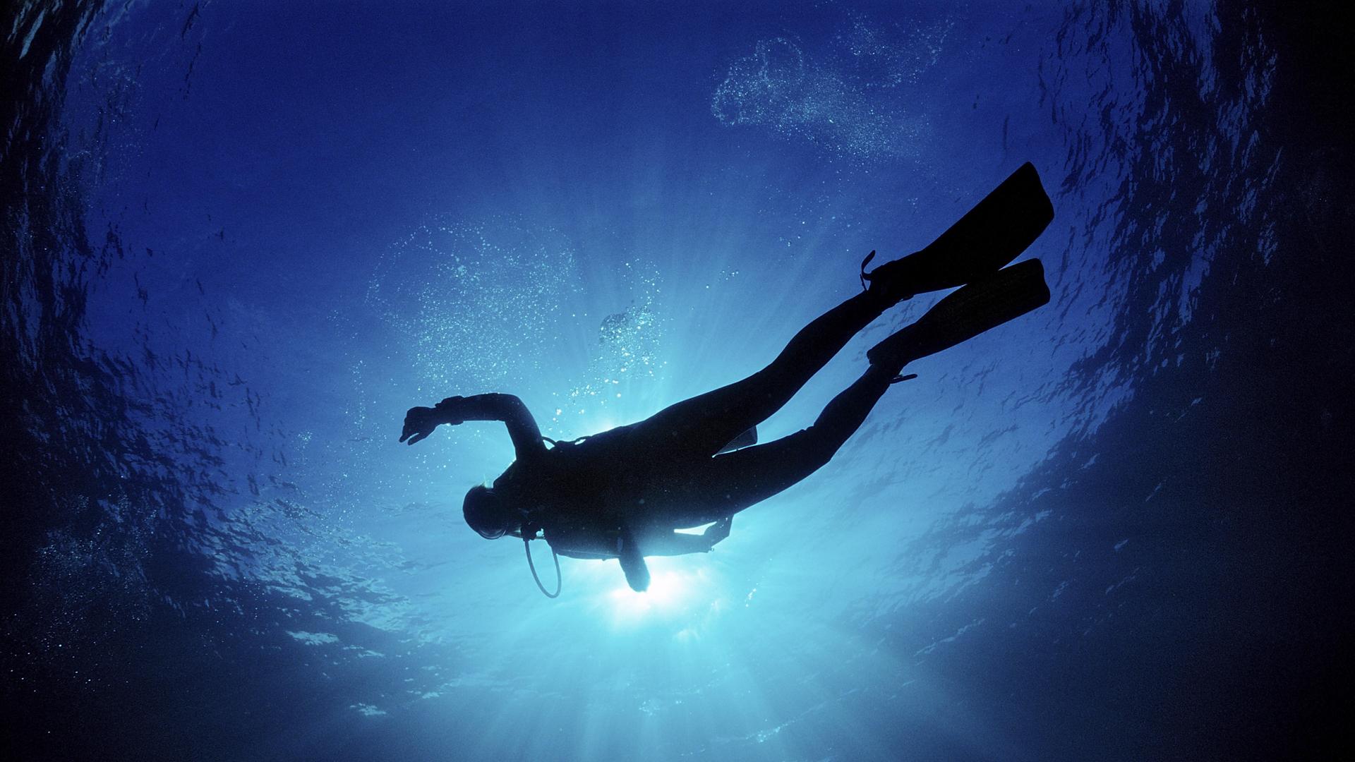 Ein Taucher mit Flossen und Sauerstoffflasche schwebt als dunkle Silhouette im tiefblauen Wasser. Von der hellen Wasseroberfläche fällt Licht in die Tiefe, über dem Taucher steigen kleine Luftblasen auf.
