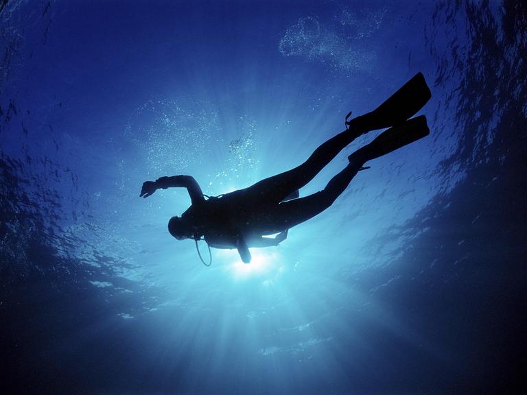 Ein Taucher mit Flossen und Sauerstoffflasche schwebt als dunkle Silhouette im tiefblauen Wasser. Von der hellen Wasseroberfläche fällt Licht in die Tiefe, über dem Taucher steigen kleine Luftblasen auf. Ein Taucher mit Flossen und Sauerstoffflasche schwebt als dunkle Silhouette im tiefblauen Wasser. Von der hellen Wasseroberfläche fällt Licht in die Tiefe, über dem Taucher steigen kleine Luftblasen auf.