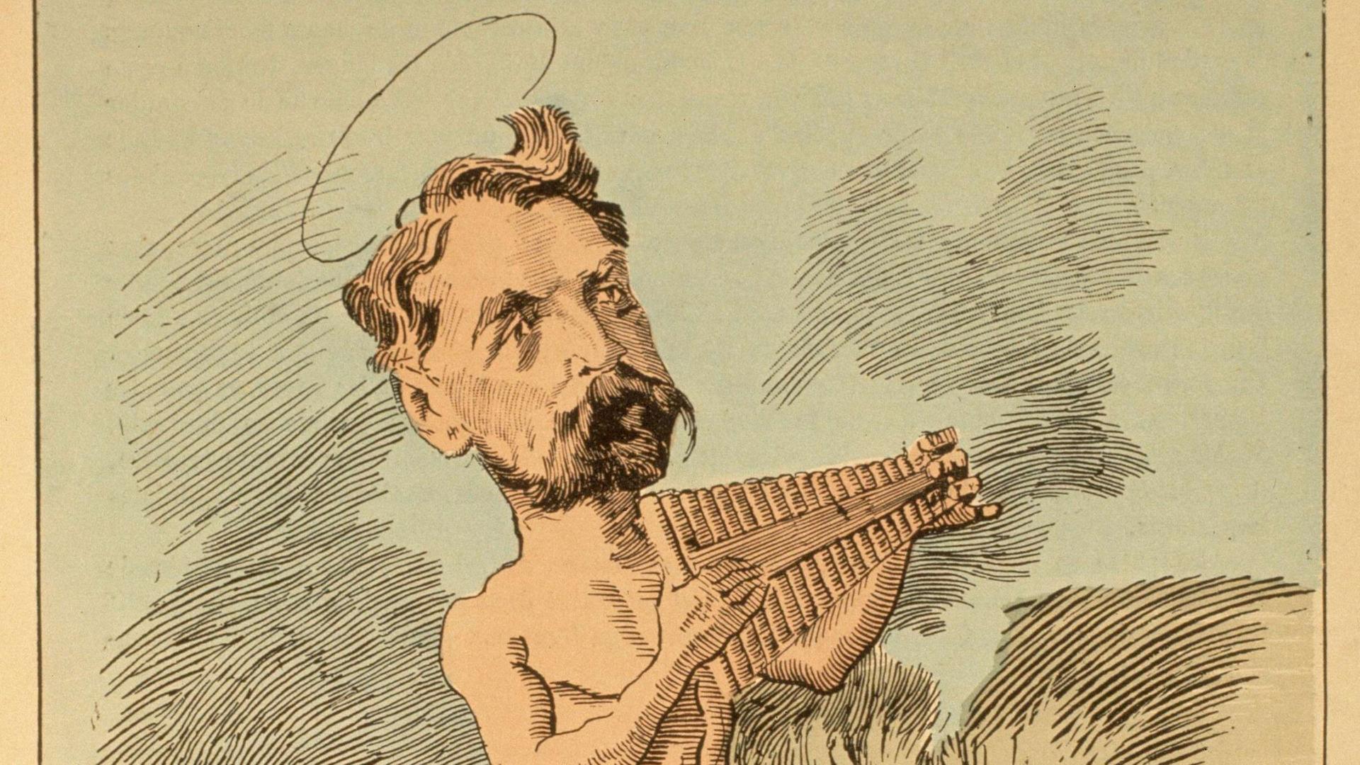 Stéphane Mallarmé, franz. Dichter Paris, 1842 - 1898. Karikatur auf Stéphane Mallarmé als Dichter von L'Après-midi dun faune. Holzstich, koloriert, um 1876. Aus: Les Hommes d'aujourdhui. Paris, Bibliothèque Nationale. Stéphane Mallarmé, franz. Dichter Paris, 1842 - 1898. Karikatur auf Stéphane Mallarmé als Dichter von L'Après-midi dun faune. Holzstich, koloriert, um 1876. Aus: Les Hommes d'aujourdhui. Paris, Bibliothèque Nationale.