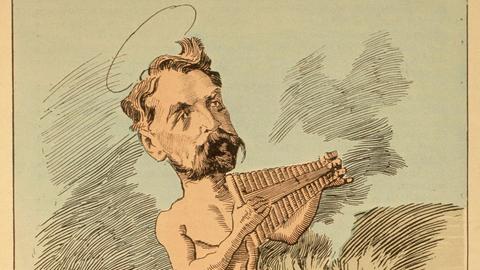 Stéphane Mallarmé, franz. Dichter Paris, 1842  - 1898. Karikatur auf Stéphane Mallarmé als Dichter von L'Après-midi dun faune. Holzstich, koloriert, um 1876. Aus: Les Hommes d'aujourdhui. Paris, Bibliothèque Nationale.