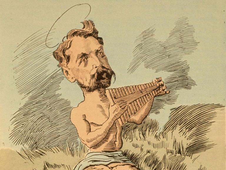 Stéphane Mallarmé, franz. Dichter Paris, 1842  - 1898. Karikatur auf Stéphane Mallarmé als Dichter von L'Après-midi dun faune. Holzstich, koloriert, um 1876. Aus: Les Hommes d'aujourdhui. Paris, Bibliothèque Nationale.