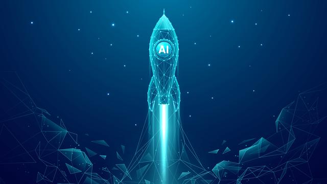 Illustration: Eine Start-up Rakete startet aus einer abstrakten blauen Vektorumgebung in den Sternenhimmel.