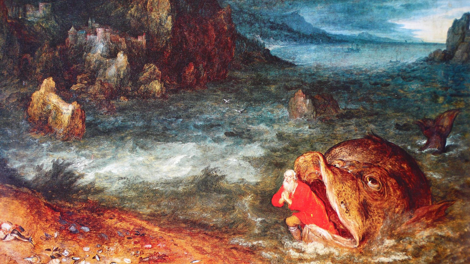 Jona wird vom Wal an Land gebracht, nach drei Tagen und Nächten spuckt der Wal Jona zurück aufs Land, Gemälde von Jan Brueghel der Ältere. Im Hintergrund tosende See und stürmische Landschaft.  