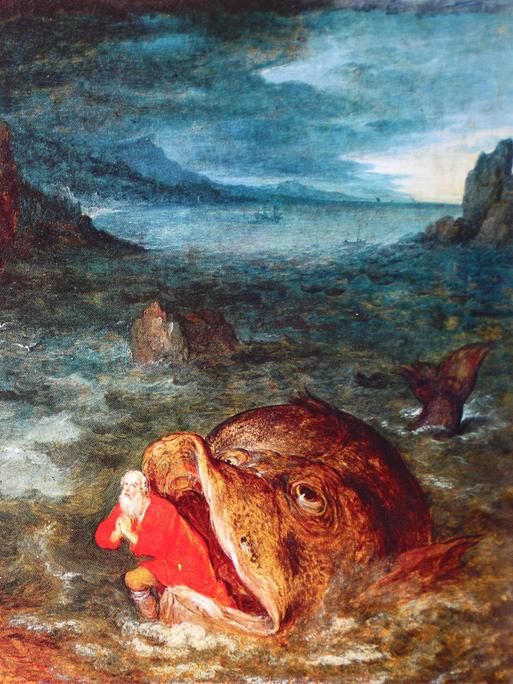 Jona wird vom Wal an Land gebracht, nach drei Tagen und Nächten spuckt der Wal Jona zurück aufs Land, Gemälde von Jan Brueghel der Ältere. Im Hintergrund tosende See und stürmische Landschaft.  