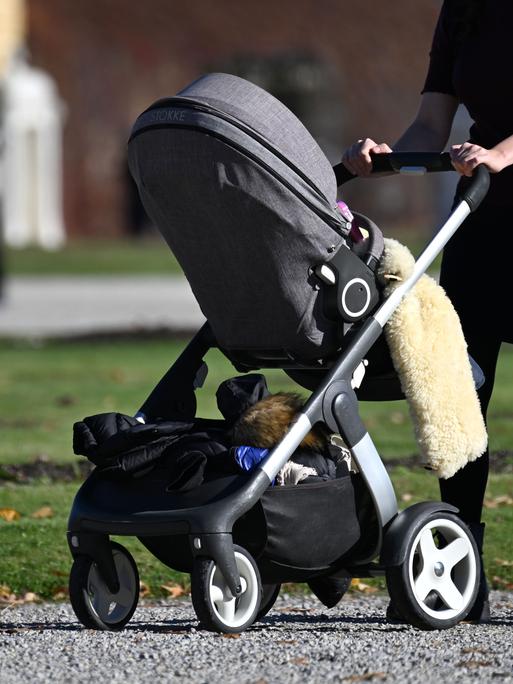 Eine Familie geht mit einem Kinderwagen spazieren. Eine Familie geht mit einem Kinderwagen spazieren.