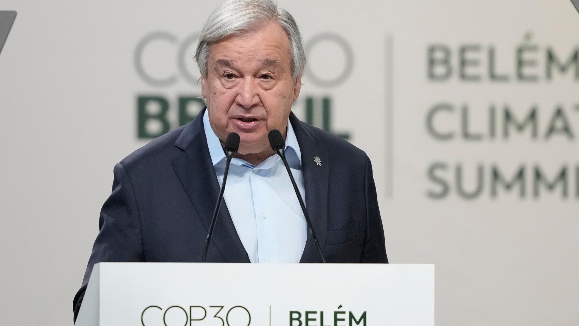 Der Generalsekretär der Vereinten Nationen, Antonio Guterres, spricht während einer Plenarsitzung auf dem UN-Klimagipfel COP30 in Belem. Der Generalsekretär der Vereinten Nationen, Antonio Guterres, spricht während einer Plenarsitzung auf dem UN-Klimagipfel COP30 in Belem.