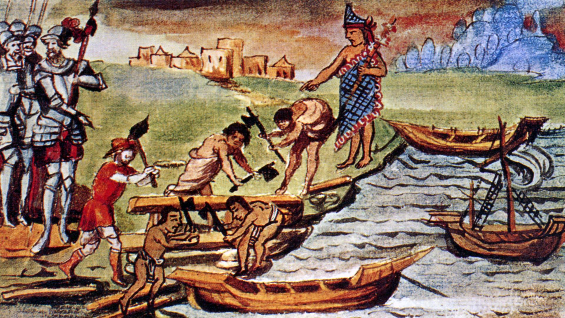 Spanische Ritter stehen am rechten Bildrand und schauen Indigenen dabei zu, wie sie Kanus bauen.