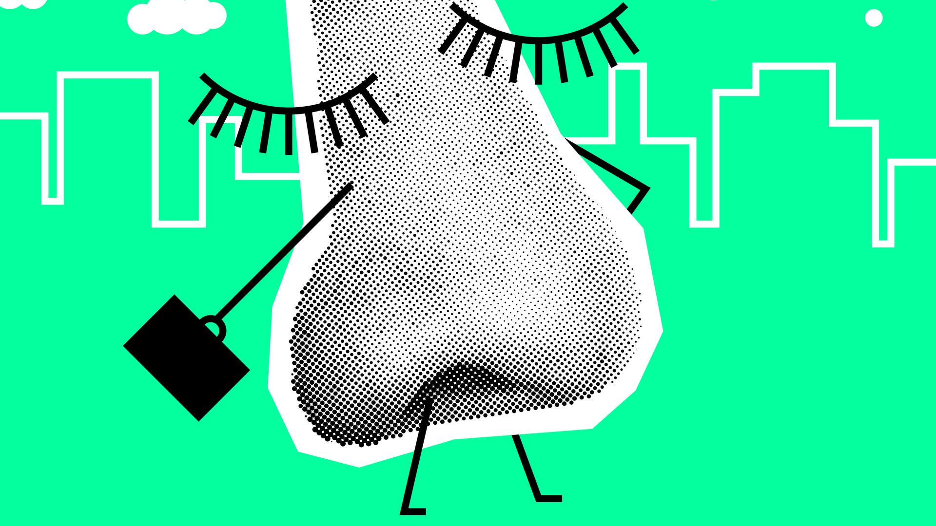 Eine strichmännchenhafte Zeichnung einer Nase vor grünem Hintergrund, die Nase trägt einen Koffer und läuft zielstrebig in eine Richtung