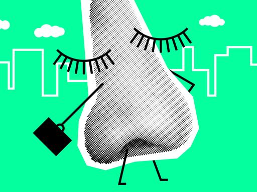 Eine strichmännchenhafte Zeichnung einer Nase vor grünem Hintergrund, die Nase trägt einen Koffer und läuft zielstrebig in eine Richtung