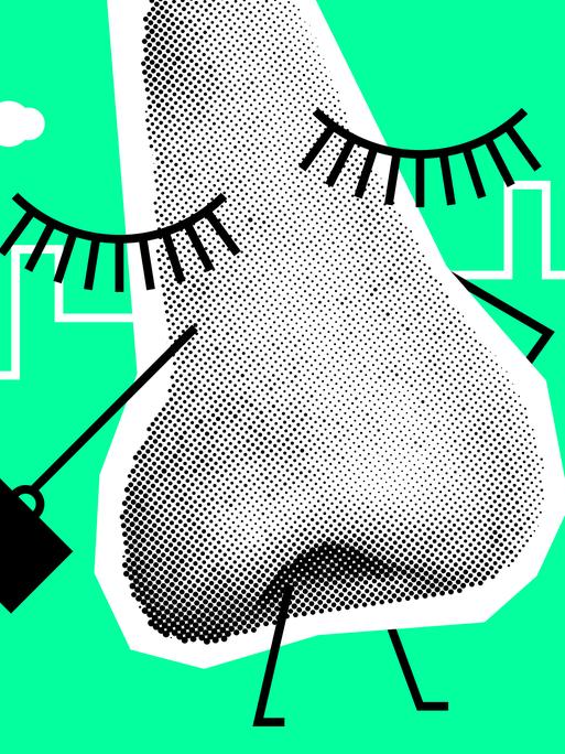 Eine strichmännchenhafte Zeichnung einer Nase vor grünem Hintergrund, die Nase trägt einen Koffer und läuft zielstrebig in eine Richtung