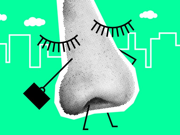 Eine strichmännchenhafte Zeichnung einer Nase vor grünem Hintergrund, die Nase trägt einen Koffer und läuft zielstrebig in eine Richtung