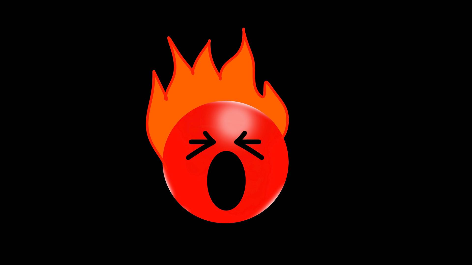 Illustration: Ein rundes rotes Emoticon mit wütendem Gesicht und orange farbigen Flammen als Frisur auf schwarzen Hintergrund Illustration: Ein rundes rotes Emoticon mit wütendem Gesicht und orange farbigen Flammen als Frisur auf schwarzen Hintergrund