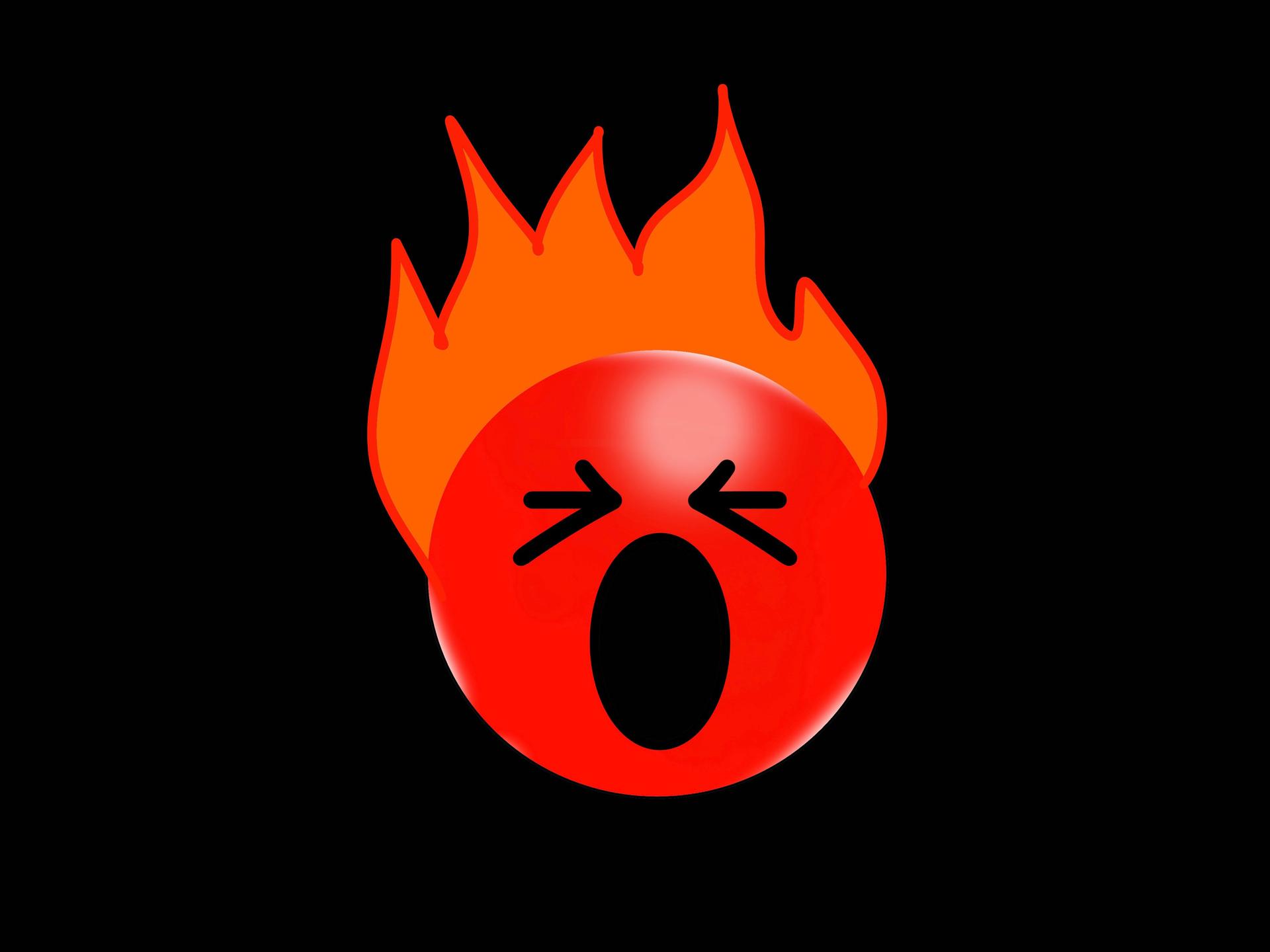 Illustration: Ein rundes rotes Emoticon mit wütendem Gesicht und orange farbigen Flammen als Frisur auf schwarzen Hintergrund