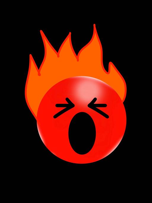 Illustration: Ein rundes rotes Emoticon mit wütendem Gesicht und orange farbigen Flammen als Frisur auf schwarzen Hintergrund