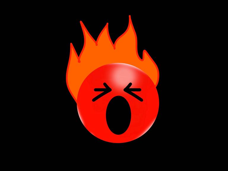 Illustration: Ein rundes rotes Emoticon mit wütendem Gesicht und orange farbigen Flammen als Frisur auf schwarzen Hintergrund