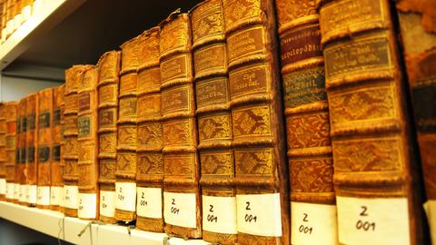 Wir sehen alte Nachschlagewerke, die in einer Bibliothek stehen. 